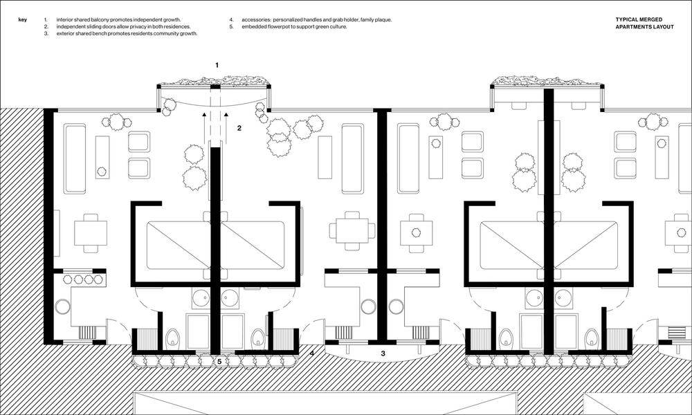 Crescent House Apartments: Typical Merged Layout - Digital drawing
