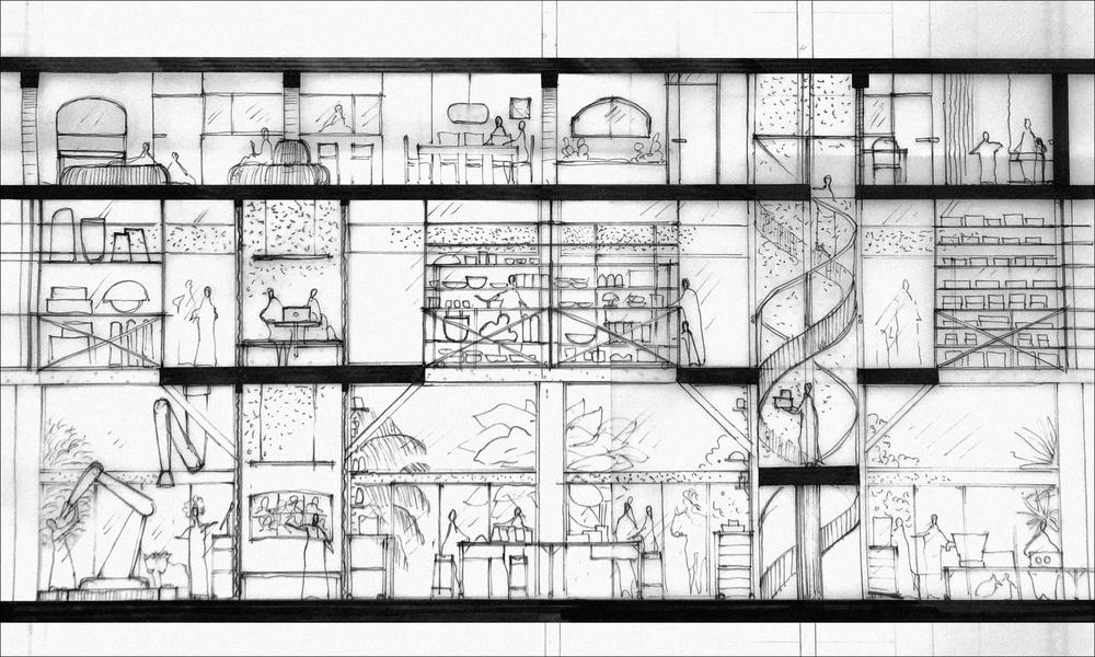 The Work/Shops: Strip Section - Hand drawing, Pen on tracing paper (80 x 29.7 cm)