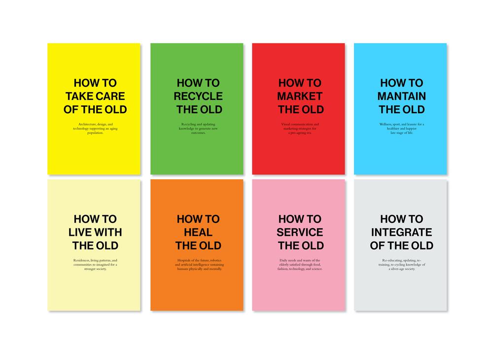 series of eight colorful books about how to take care of the old in the future