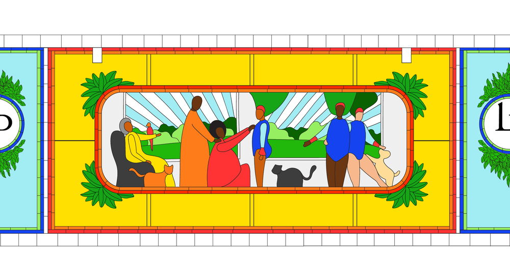 Carnival scene coloured technical drawing