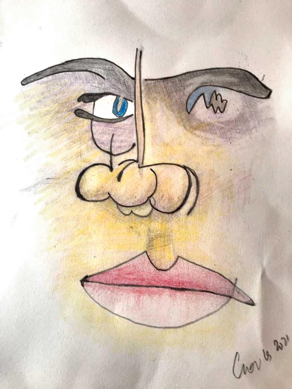 Black lines drawing of a human face executed blindfolded and added colours