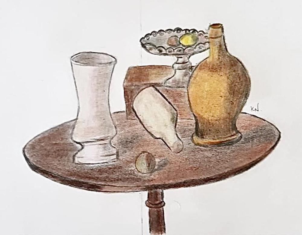 colored pencil drawing of Giorgio Morandi “Natura morta con tavolo”