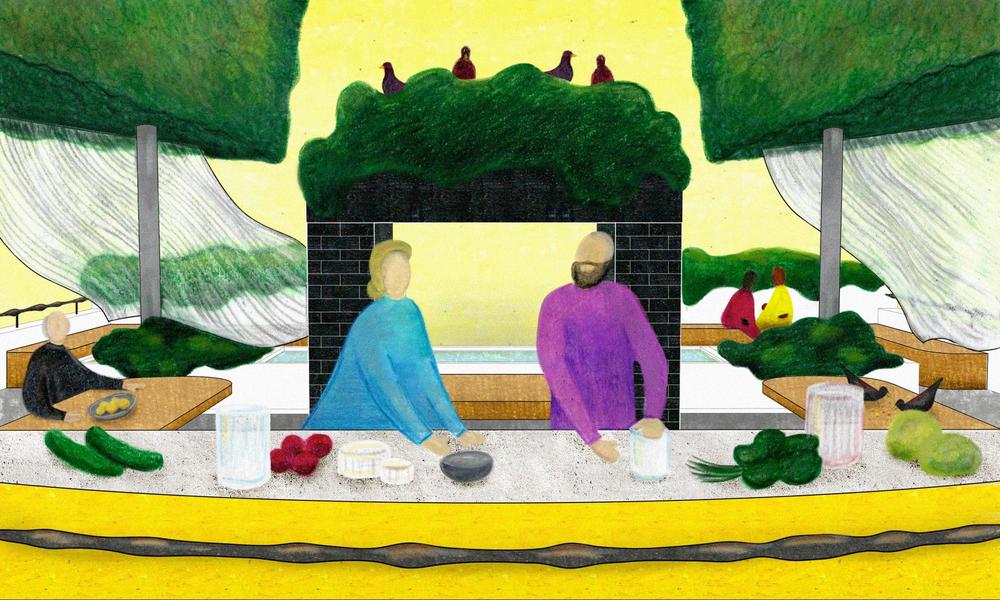 The Kitchen Club: Cooking Sessions - Coloured pencil and oil stick on digital print (29.7 x 20 cm)