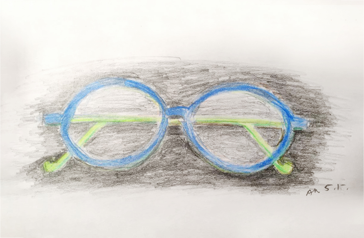 Coloured pencil drawing of a pair of blue and green glasses
