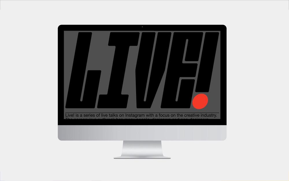 Desktop digital platform screen with LIVE! writing in black and red dot on grey background