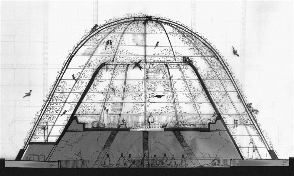 The Temple of Resonance: Dome Section - Pen on tracing paper (60 x 29.7 cm)