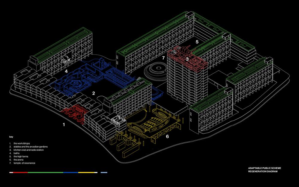 Public scheme regeneration diagram of the Golden Lane Estate (1962), Underground Level