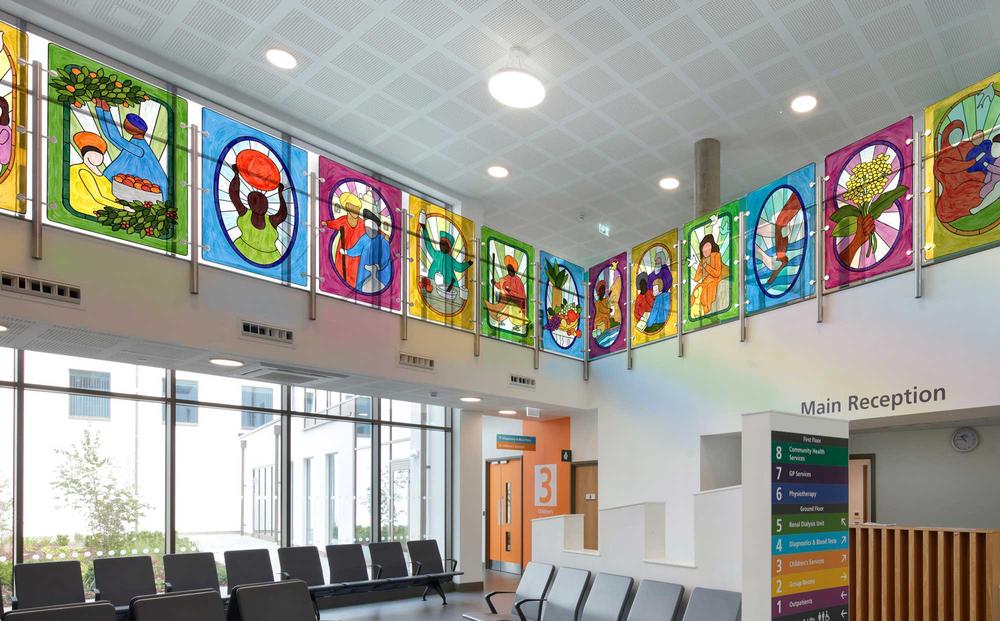 Colourful glass Panels at Tessa Jowell Health Centre first floor